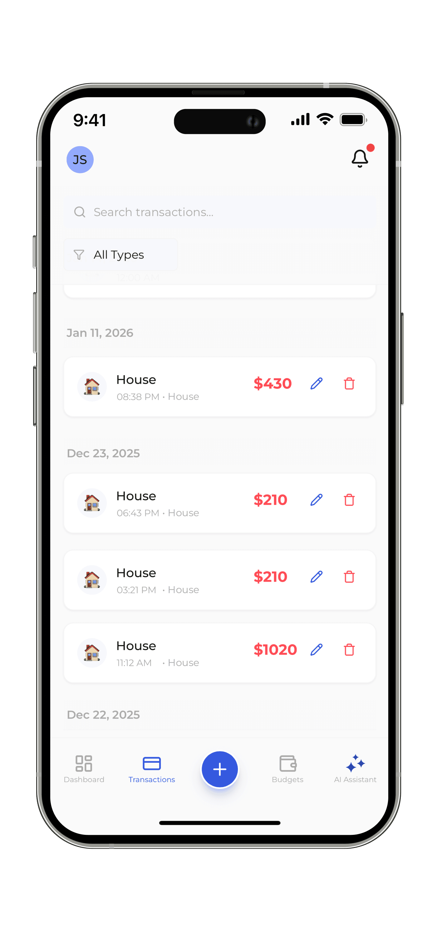 Spendlyの取引リスト。家計（House）や食費（Food）などのカテゴリが表示されている