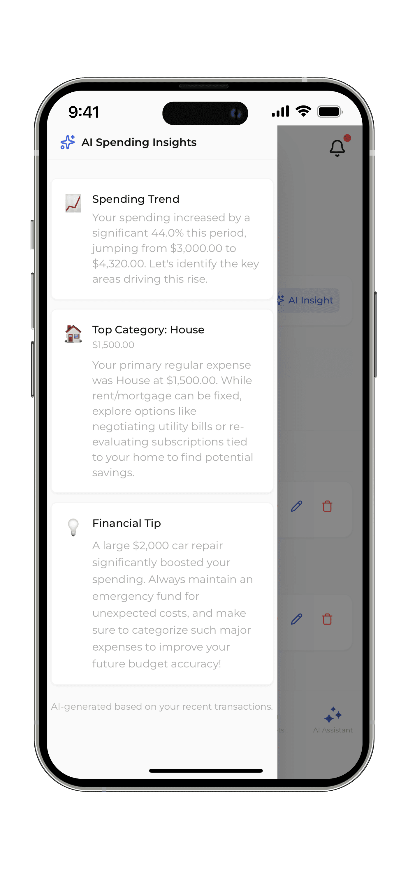 Spendlyの詳細なAIインサイト画面。支出が44%増加した理由を説明している
