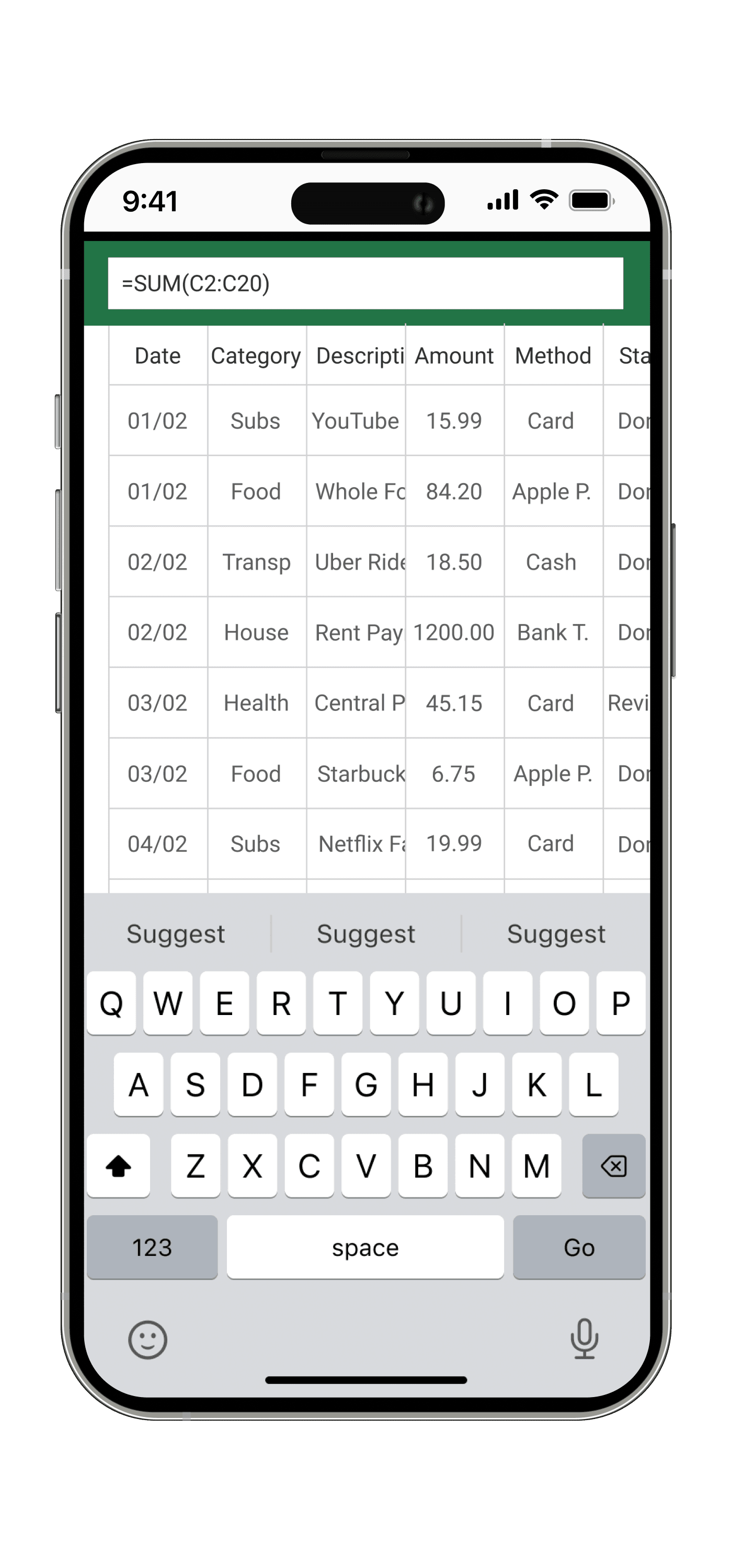 小さなセルが並ぶスマホ画面上の乱雑なExcelスプレッドシート