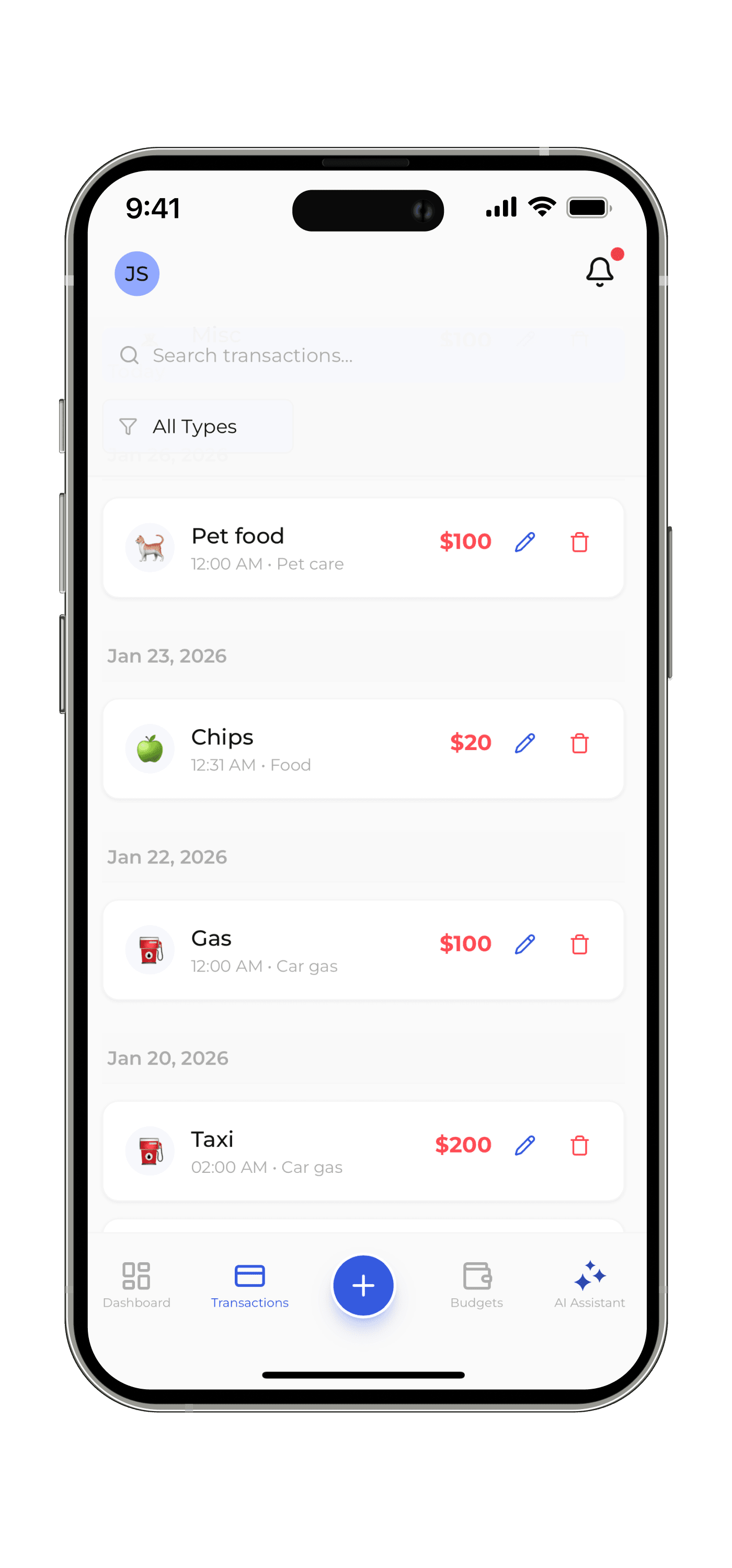 Spendly内の美しくクリーンな日次取引リスト