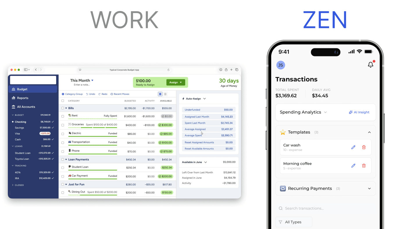 Spendly minimalist UI vs a cluttered, corporate-style finance app