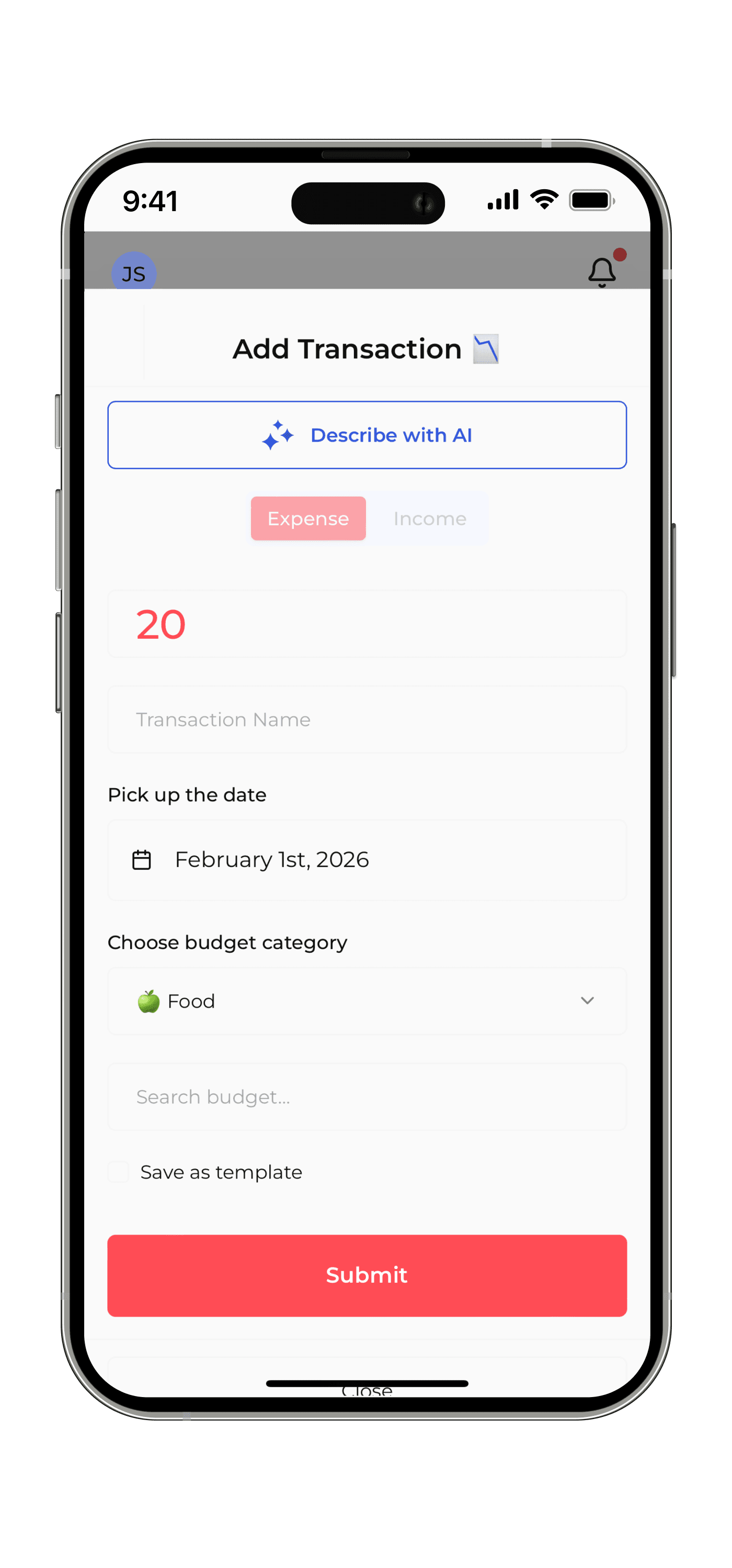 Close-up of the Spendly manual input form on iPhone